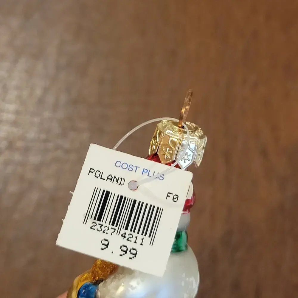 Vintage Snowman Stack Totem Pole Blown Glass Christmas Ornament Made in Poland
